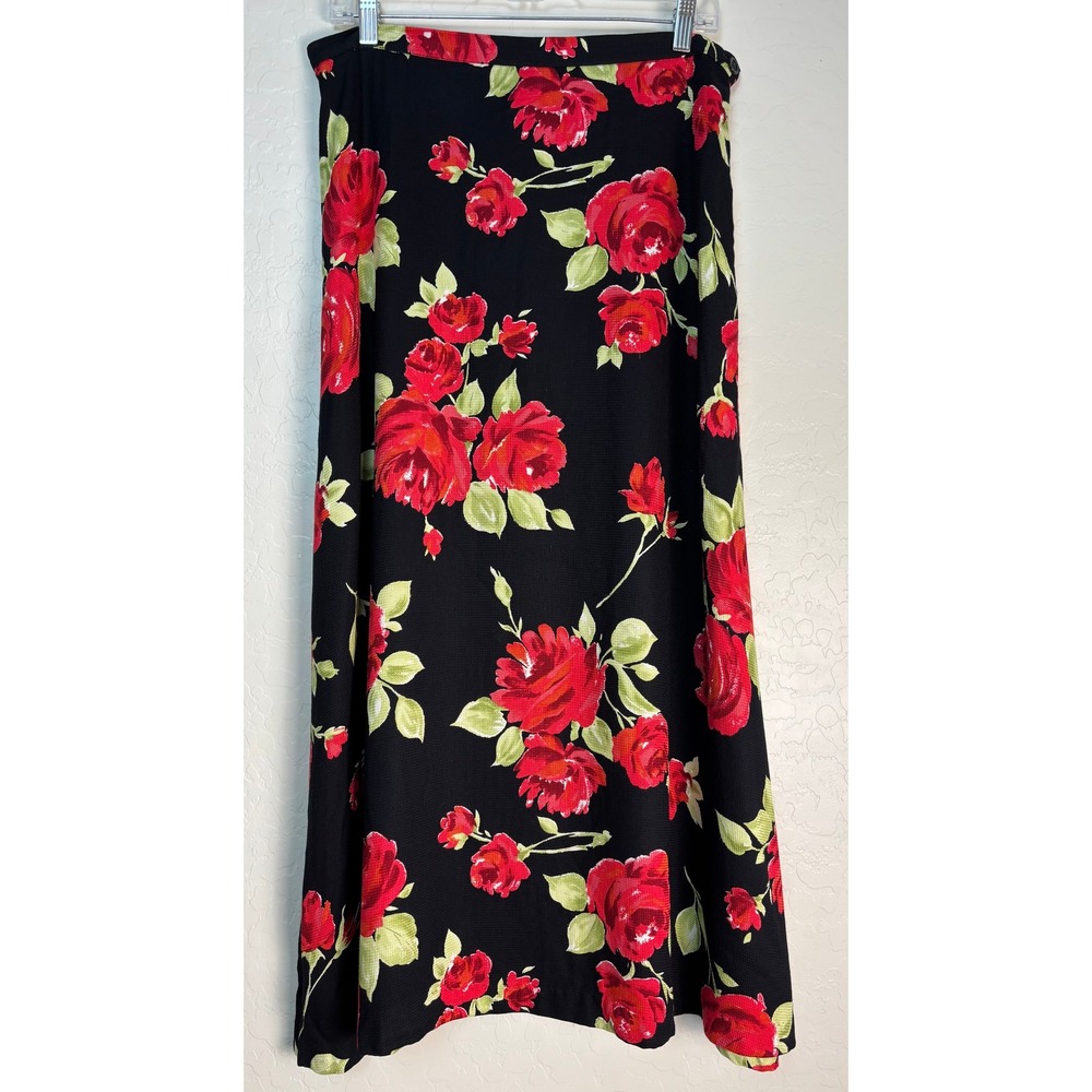 Laura Ashley Red Rose Floral Maxi Skirt Black Viscose Made in UK Womens 12 2283
